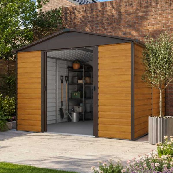 Yardmaster Woodgrain Shiplap 1012WGL Metal Shed 2.85 x 3.67m